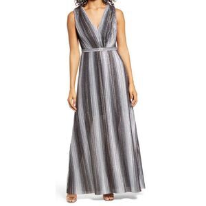 Vince Camuto dress silver metallic stripe sleeveless v neck gown